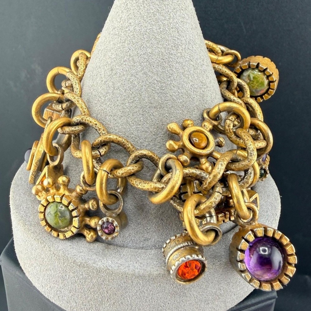 Vintage Patricia Locke Charm Bracelet Gold Tone Glass Etruscan Revival 6.5"